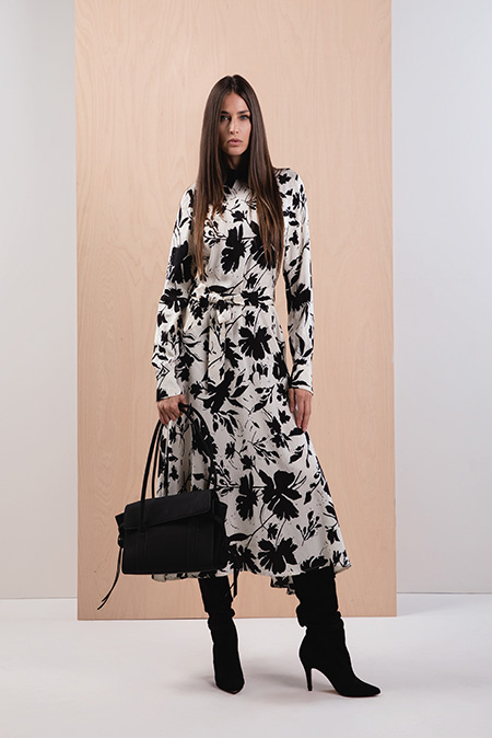 Tiffany Production Midi haljina u dezenu sa pojasom i kontrastnom kragnom